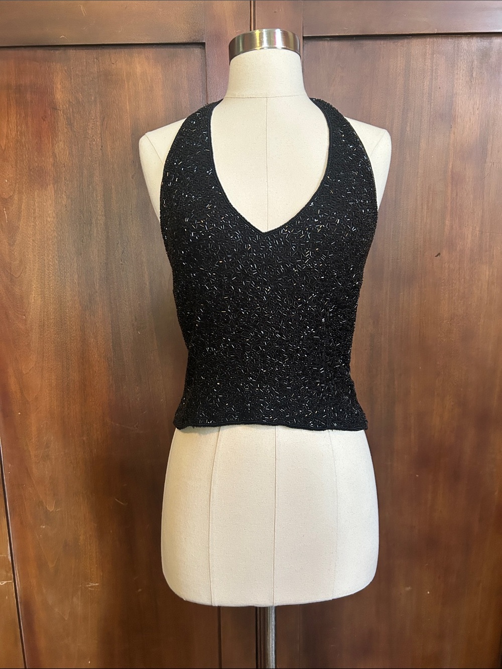 Black Beaded Silk Sparkle Halter Top  10
